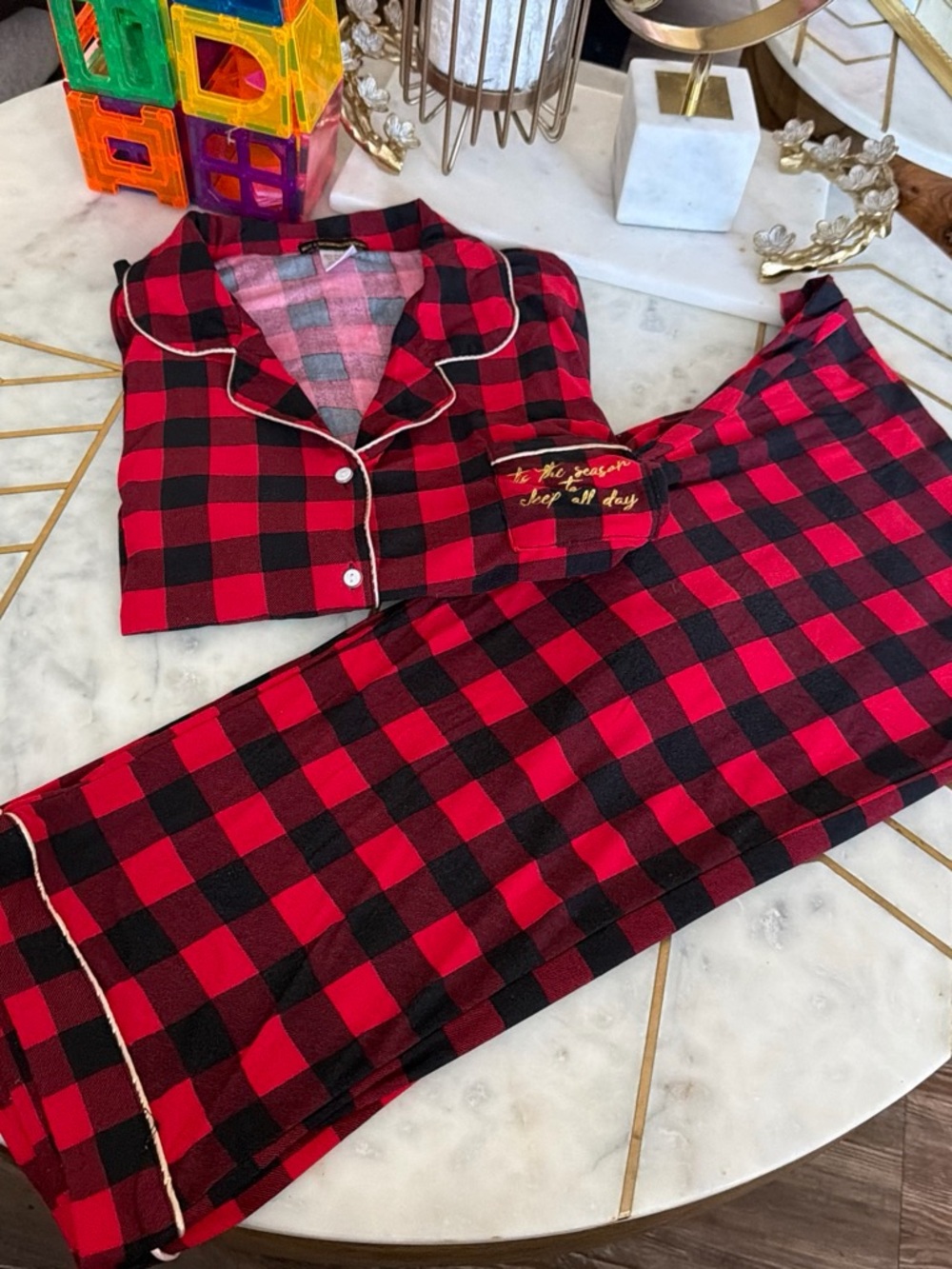Red & Black Buffalo Plaid Women’s Pajama Set with Contrast Piping